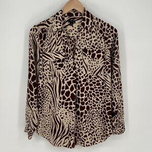 Ann Taylor Womens Mixed Animal Print Blouse Size S P Brown Long Sleeve Career